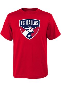 Your future FC Dallas will be ready for the game with this FC Dallas Youth Red Short Sleeve Tee. This Primary Logo T-Shirt features a screen print team graphic on center chest with double stitched hemlines and a ribbed crew neck. Screen print team graphic on center chest, Double stitched hems, Ribbed crew neckline, Great for any young sports fan!, 100% Cotton, Machine Washable, DOMESTIC Red Fan Apparel T-shirt For Sports Events, Team Color T-shirt For Fan Gear, Red Team Name Tops For Team Events, Red Tops With Team Name For Football Season, Red Tops With Team Logo For Fans, Red T-shirt For Team Events, Casual T-shirt For Team Events And Sports Season, Casual T-shirt For Sports Season Team Events, Red Short Sleeve Tops For Team Events