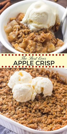 an apple crisp with ice cream and cinnamon on top in a white dish, next to the recipe