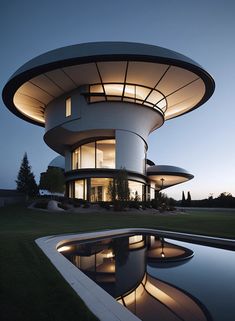 the circular house is lit up at night with its lights on and reflecting in the pool