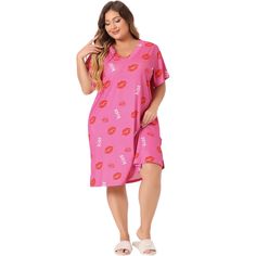 This V-neck nightgown is made of soft and comfortable fabric, with a comfortable and loose fit, suitable for family pajama parties, daily life, going out shopping, midnight, etc. The star and moon designs keep up with fashion trends, so maybe you just need this pajama in your wardrobe. It is also a good choice to give as a gift to your girlfriend, friends, daughter, or mother. Designed specifically for plus-size women and designed to provide comfortable clothing for plus-size girls and hope to p Casual Nightgown For Pajama Party In Spring, Summer Nightgown For Pajama Party With Relaxed Fit, Summer Nightgown With Relaxed Fit For Overnight, Summer Nightgown With Relaxed Fit, Relaxed Fit Summer Nightgown For Pajama Party, Relaxed Fit Nightgown For Summer Nights, Relaxed Fit Nightgown For Summer, Pink V-neck Sleepwear For Loungewear, Pink Summer Sleepwear For Overnight