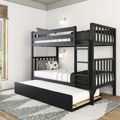 a bunk bed with a trundle underneath it in a white room next to a window