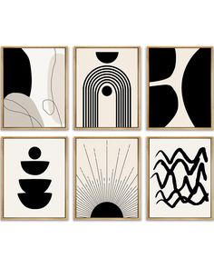 six black and white art prints with geometric shapes