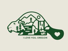 the logo for i love you oregon, with a bear and mountains in the background