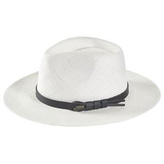 Panama Hat Indiana Style with leather strap, meticulously crafted to evoke timeless sophistication. Each strand woven with precision, it exudes vintage charm and unparalleled elegance, offering a stylish nod to a bygone era. This Panama hat was hand woven by skilled natives in Ecuador and it was carefully completed in Italy. Made from the fibers of the Toquilla Palm plant native to Ecuador. The hat gained international fame during the construction of the Panama Canal in the late 19th and early 2 White Flat Brim Fedora For Formal Occasions, White Panama Hat With Curved Brim For Formal Occasions, White Curved Brim Panama Hat For Formal Occasions, Formal White Panama Hat With Curved Brim, Classic White Wide Brim Fedora, White Brimmed Panama Hat For Formal Occasions, Classic Cream Fedora For Formal Occasions, Elegant Cream Fedora Panama Hat, White Formal Panama Hat With Short Brim