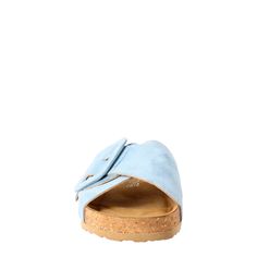 Women's sandals with double woven buckle

Light blue suede

Cork and rubber sole

Padded insole

Made in Italy

Composition:
 Upper: 100% Suede
 Lining: 100% Leather
 Bottom: Cork and rubber
 Insole: 100% Leather Flat Suede Footbed Sandals With Cork-bed Midsoles, Blue Leather Slide Sandals, Summer Suede Sandals With Tang Buckle, Suede Slide Sandals With Buckle Closure, Suede Sandals With Buckle Closure And Round Toe, Suede Sandals With Tang Buckle And Round Toe, Flat Suede Sandals With Textured Footbed, Suede Footbed Sandals With Tang Buckle And Round Toe, Spring Slip-on Footbed Sandals With Tang Buckle