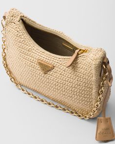 Prada Raffia Bag, Prada Chain Bag, Rafia Bag, Prada Re Edition 2005, Tape Shoulder, Cm Logo, Raffia Crochet, Neutral Bag, Prada Re Edition