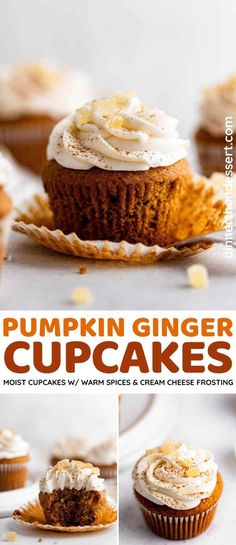 pumpkin ginger cupcakes with cream cheese frosting on top and in the middle