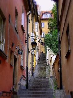 an alleyway with stairs leading up to buildings