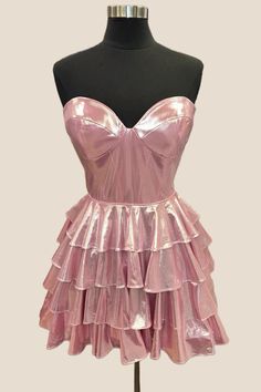 Pink Metallic Ruffle Short Homecoming Dress Elegant Corset Dress With Ruffled Straps For Party, Party Dresses With Ruffled Skirt And Sweetheart Neckline, Night Out Dress With Ruffles And Sweetheart Neckline, Party Ruffle Dress With Sweetheart Neckline, Fitted Ruffle Dress With Sweetheart Neckline For Party, Party Dress With Ruffle Hem And Fitted Bodice, Fitted Satin Dress With Ruffled Straps, Strapless Satin Mini Dress With Ruffles, Gold Ruffled Dress For Evening