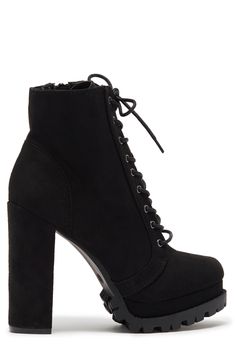 Instantly elevate any outfit with these platform booties featuring a dramatic block heel and lugged sole for trendy style. 4 5/8" heel, 1 1/4" platform 7" shaft height, 9 1/4" opening circumference Almond toe Faux leather upper Lace-up vamp Side zip closure Covered block heel Lug platform sole PU upper/lining, plastic midsole, rubber outsole Imported Fall Combat Boots With Platform And Block Heel, Trendy Heeled Boots With Lug Sole And Block Heel, Fall Chunky Platform Block Heel Lace-up Boots, Chunky Platform Combat Boots With Block Heel For Fall, Fall Lace-up Boots With Chunky Platform And Block Heel, Fall Combat Boots With Chunky Platform And Block Heel, Fall Chunky Platform High-cut Heeled Boots, Chunky Block Heel Platform Boots For Fall, Fall High Cut Chunky Platform Heeled Boots