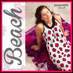 Pastunette Beach 'passion berry' white, dark red & black sleeveless beach dress with a flattering front, button detail back neck fastening with loop and an all over dark red berry like pattern Back Neck, Black Sleeveless, Button Detail