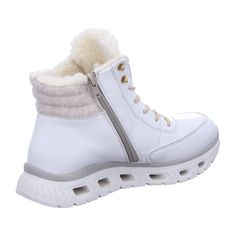 Rieker M601080 M60 Women's Shoes, White Rieker M601080 M60 Women's Shoes - White Stay stylish and comfortable with these Rieker M601080 M60 women's shoes. Perfect for the autumn/winter season, these shoes feature a 4cm heel height and a normal (G) width for a comfortable fit. The upper material is made of synthetic leather, while the inner material is textile, and the sole is made of EVA for durability.  Keep your shoes looking great by gently removing dust and dirt with a soft shoe brush or a lint-free, slightly damp cloth. White Low-top Winter Boots, White Low-top Boots With Rubber Sole, Comfortable White Walking Shoes With Removable Insole, White Lace-up Boots With Rubber Sole, White Leather Walking Shoes With Removable Insole, White Leather Walking Shoes With Rubber Sole, Comfortable White Round Toe Boots, Sporty White Lace-up Boots, White Sporty Lace-up Boots