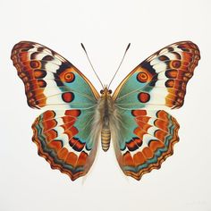 an orange and blue butterfly sitting on top of a white wall