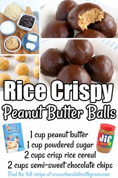 the recipe for rice crispy peanut butter balls is shown