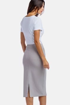 NEW COLORS AVAILABLE NOW! Ponte Roma blend of 46% Bamboo Viscose / 31% Polyester / 19% Organic Cotton / 4% Spandex Imported Mid-Rise Fitted at Hip and Thigh Wide Supportive Waistband Pull-On - No Zippers Back Slit Length from Top Edge to Hem = 28 ½” Sizes: X-SMALL (2-4) | SMALL (6-8) | MEDIUM (10-12) | LARGE (14-16) | X-LARGE (18-20) SKU: WC-01-SKT-141 Midi Pencil Skirts, Cashmere Robe, Skirt Collection, Trendy Skirts, Knit Midi Skirt, Work Skirts, Girl Standing, Womens Pencil Skirts, Midi Skirt Pencil