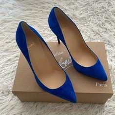 Suede Blue High Heel Pump, Pointed Toe 100mm (4 In ) Heel New With Box And Dust Bag Never Worn Elegant Blue Court Shoes With Sculpted Heel, Designer Blue Almond Toe Heels, Designer Blue Heels For Wedding, Elegant Blue Heels For Office, Designer Blue Pointed Toe Heels, Formal Blue Court Shoes With Sculpted Heel, Blue Court Shoes With Sculpted Heel For Formal Events, Elegant Fitted Blue Court Shoes, Designer Blue High Heels