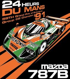 an orange and green race car with numbers on the front is featured in this poster