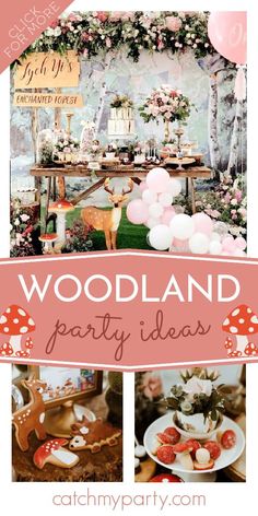 the woodland party is ready to be filled with food, decorations and desserts for an outdoor