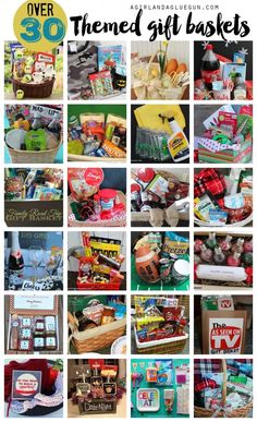 a collage of different gift baskets with the words over 30 on it and pictures of them