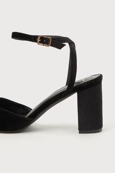 Add a touch of sophistication and class to any 'fit with the Lulus Izzori Black Velvet Square Toe Ankle Strap Heels! Soft, plush velvet shapes these chic heels that feature a square-toe upper and a low-cut collar. Slender straps sprout from the sides and secures around the ankle with a shiny gold buckle, all atop a sturdy block heel. 3" wrapped block heel. Cushioned insole. Felted rubber sole has nonskid markings. Man made materials. Imported. Lulus | Izzori Black Velvet Square Toe Ankle Strap H Party Slingback Pumps With Contrasting Heel Counter, Party Slingback Pumps With Contrasting Heel, Glamorous Block Heels With Sculpted Heel For Formal Events, Open Heel Slingback Pumps For Party, Evening Block Heels With Sculpted Heel And Ankle Strap, Night Out Ankle Strap Block Heels With Sculpted Heel, Chic Ankle Strap Court Shoes With Padded Heel, Chic Court Shoes With Ankle Strap And Padded Heel, Evening Suede Block Heels With Sculpted Heel