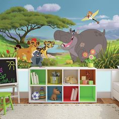 the animals are playing with each other in the jungle wall decal set, including a hippopotamus