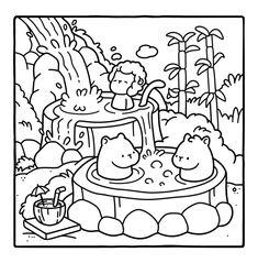 a black and white drawing of some animals in a pool with water coming out of it