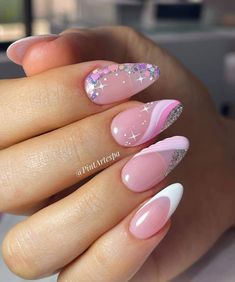 Multicolored Nails, Acryl Nails, Blush Nails, Acrylic Nails Coffin Pink, Nail Art Designs Videos, Bling Acrylic Nails, Birthday Nails