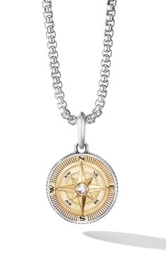 18-karat gold and sterling silver. Center diamond, total diamond weight: 0.07ct. Amulet, 29 x 20mm. Chain sold separately. Imported. >Diamond Guide White Gold Compass Pendant Jewelry, White Gold Pendant With Compass Design, White Gold Compass Design Pendant Jewelry, White Gold Pendant Jewelry With Compass Design, White Gold Jewelry With Compass Design, Classic Formal Jewelry With Compass Design, Anniversary Medallion Jewelry With Compass Design, White Gold Compass Medallion Jewelry, White Gold Compass Design Medallion Jewelry