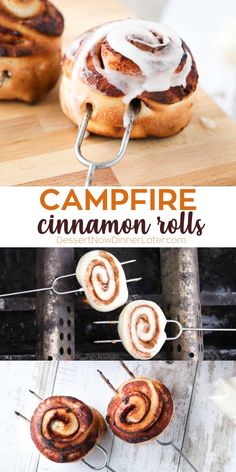 cinnamon rolls are being grilled on a grill with the words campfire cinnamon rolls above them