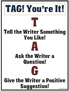 a poster with the words tag you're it tell the writer something you like ask the writer a question give the writer a positive suggestion