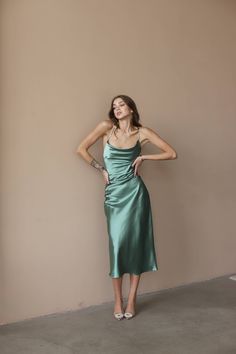 Green Midi Dress, Silk Slip Dress, Olive Bridesmaid Dress, Wedding Guest, Bachelorette Party, Satin Date Dress, Open Back Midi, Cowl Neck *  Size: Please write your chest, waist, hips, height, and we will make a dress to your individual measurements! After you place your order, we may ask you for additional measurements. We do this to ensure that the dress fits you perfectly👌😊 *  Product description: * The photo shows a satin dress in a shade of wormwood * Slim fit * Cowl neck * Spaghetti stra Silk Bridesmaid Dress With Fitted Bodice, Fitted Satin Midi Dress For Wedding, Green Satin Cocktail Gown, Elegant Green Silk Cocktail Dress, Green Silk Midi Dress For Wedding, Fitted Green Midi Dress For Bridesmaid, Fitted Green Satin Dress For Wedding, Elegant Green Satin Dress With Fitted Bodice, Fitted Green Satin Wedding Dress