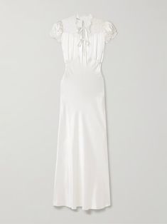 Elegant White Evening Dress With Lace Trim, Elegant Silk Dress With Lace Trim, Silk Wedding Gown With Satin Finish, Elegant Lace Trim Wedding Dress, White Satin Dress With Bias Cut, Elegant Fitted Gown With Satin Lining, White Satin Bias Cut Dress, Silk Dress With Satin Finish For Wedding Night, Elegant Satin Evening Dress With Lace Trim