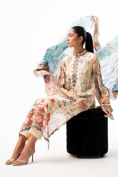 Azah Designer Bohemian Kurta With Floral Print, Festive Silk Kurta With Floral Print, Anarkali Palazzo Set In Floral Cotton Silk, Anarkali Style Floral Cotton Silk Palazzo Set, Spring Floral Print Cotton Silk Kurta, Bohemian Chanderi Palazzo Set With Floral Print, Designer Silk Kurta With Printed Motifs, Silk Anarkali Kurta With Floral Print, Silk Straight Kurta With Printed Motifs