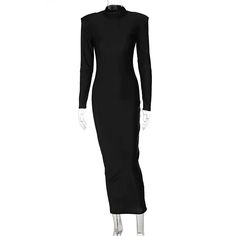 This Runway Ready: Turtleneck Maxi with Shoulder Flare is crafted with high-quality knitted fabric, offering a subtle stretch for an extra comfortable fit. The slim silhouette and empire waistline are stylishly complemented by the O-neck, regular sleeves, and mid-calf length. Flattering patchwork and a pullover closure complete this classic and timeless piece. Product Details Elasticity: Slight Strech Sleeve Style: Regular Fabric Type: Knitting Pattern Type: Solid Fit Type: Slim Silhouette: Shea Stretch Elastane Long Sleeve Midi Dress, Elegant Stretch Maxi Dress For Winter, Black Stretch Bodycon Dress For Winter, Winter Black Stretch Bodycon Dress, Long Bodycon Dress For Evening In Fall, Sleek Fitted Midi Dress For Winter, Sleek Fitted Winter Midi Dress, Sleek Winter Evening Bodycon Dress, Elegant Stretch Bodycon Dress In Solid Color