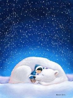 a painting of a person laying on top of a snow covered animal