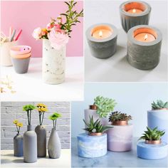 four different vases with flowers in them and candles on the top one is made out of concrete