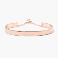 Simple yet sophisticated, the elegance of the Gwen Cuff Bracelet makes it an instant classic. Personalize it with your name or the name of a loved one in your choice of engraving styles. Available in 14k gold plated, rhodium plated or 14k rose gold plated brass Width: 1/4" Length: 5 1/2" With engraving this item is FINAL SALE SKU: BYB1031 Adjustable Elegant Rose Gold Cuff Bracelet, Elegant Customizable Bracelets As Personalized Gifts, Elegant Customizable Bracelets For Personalized Gifts, Classic Gold Bracelet With Engraving Option, Classic Engraved Adjustable Gold Bracelet, Personalized Name Bracelet In Rose Gold, Elegant Adjustable Custom Name Jewelry, Elegant Custom Name Adjustable Jewelry, Classic Adjustable Bracelets For Personalized Gift