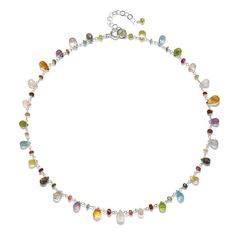 Semi-precious stones including garnet, rose quartz, citrine, peridot, sky blue topaz, amethyst, labradorite and moonstone are hand-wrapped in 14k gold dipped sterling silver with a peridot bezel set charm.  Toggle closure designed to wear in front, 18" total length and layers beautifully with our Wildflower Choker.  El Spiritual Tourmaline Gemstone Beads Jewelry, Spiritual Sterling Silver Jewelry With Gemstone Beads, Multicolor Gemstone Lariat Jewelry, Sterling Silver Lariat With Natural Stones, Sterling Silver Lariat Jewelry With Natural Stones, Healing Sterling Silver Jewelry With Gemstone Beads, Healing Sterling Silver Gemstone Beads Jewelry, Sterling Silver Gemstone Beads Jewelry For Healing, Dainty Teardrop Natural Stones Jewelry