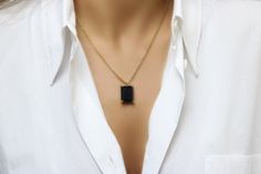 "A Black Onyx necklace is a true embodiment of sophistication and elegance. This gem necklace is handcrafted in 14k gold and features a rectangular Black Onyx gemstone in prongs. Everything about this yellow gold necklace is to love - it is versatile and totally wearable from day until evening. ♥ Gemstone Type - Black Onyx ♥ Gemstone Size - 13x18mm ♥ Gemstone Cut - Rectangle - More options available in the drop down menu ♥ Metal Type (Main Photo) - 14k Gold Filled - More options available in the Rectangular Gemstone Necklace For Formal Occasions, Formal Rectangular Gemstone Necklace, Formal Necklace With Rectangular Gemstone Pendant, Formal Gemstone Necklace With Rectangular Pendant, Modern Formal Necklace With Rectangular Pendant, Gold Jewelry With Rectangular Stone For Formal Occasions, Gold Jewelry With Rectangular Stone For Formal Events, Formal Gold Jewelry With Rectangular Stone, Everyday Jewelry With Rectangular Gemstone Pendant