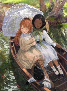 two women sitting in a boat with an umbrella