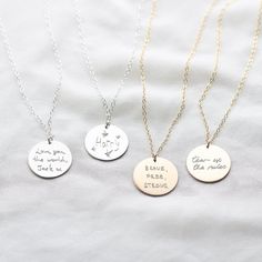 "Turn yours or a loved one's handwriting into a beautifully engraved disc necklace. The Statement Disc Necklace is available in 14k Gold Fill and Sterling Silver. The disc can be engraved both front and back in your actual handwriting. Simply send us a writing sample and we'll create a wonderful keepsake piece of jewellery for you. ▶︎ HOW TO ORDER + Once you have made the purchase, send us an email (minettajewellery@gmail.com) with your writing sample/s. + A high quality writing sample will crea Message Necklace, Signature Necklace, Disc Necklace, Engraved Necklace, Gold Pendant Necklace, Name Necklace, Handwriting, Gold Pendant, Necklace Etsy