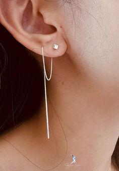 Box ear threader earrings, long chain threader earrings Chain Threader Earrings, Ear Threader, Cute Piercings, Long Drop Earrings, Threader Earrings, Earrings Long, Block Design, Long Chain, 925 Sterling Silver Earrings