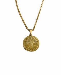 "18K GOLD FILLED SAINT BENEDICT NECKLACE 20\" LONG... FOR GOOD LUCK ,PROSPERITY AND PROTECTION. PENDANT : 30 mm x 20 mm 18K GOLD FILLED CADENA DE SAN BENITO 20\" LARGO ..PARA PROSPERIDAD, BUENA SUERTE Y PROTECCION. DIJE: 30 mm x 20 mm" Gold Plated Tarnish Resistant Necklace For Good Luck, Tarnish Resistant Gold Plated Necklace For Good Luck, Gold Coin-shaped Nickel-free Necklace, Gold Medallion Necklace For Good Luck, Gold Plated Round Necklace For Good Luck, Gold Amulet Necklace For Good Luck, Round Necklace With Adjustable Chain For Good Luck, Gold Tarnish-resistant Charm Necklace For Good Luck, Gold Medallion Charm Necklace For Good Luck