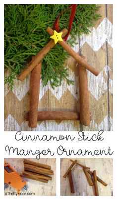 cinnamon stick manger ornament made out of sticks and branches with the words cinnamon stick mangerment on it