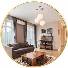 a living room filled with furniture and a coffee table in front of a large window