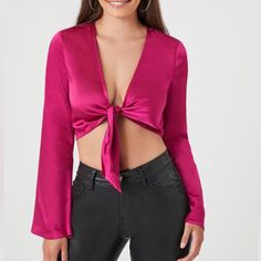 A Woven Top Featuring A Plunging Neckline, Long Bell Sleeves, Self-Tie Front Closure, And Cropped Hem. Content + Care - 100% Polyester - Hand Wash Cold Size + Fit - Model Is 5'8" And Wearing A Small Glamorous V-neck Crop Top For Spring, Fitted Tie Neck Top For Day Out, Trendy V-neck Tops For Party, Trendy V-neck Blouse For Party, Summer Party Tops With Tie Neck, Trendy Tie Neck Tops For Day Out, Summer V-neck Blouse For Going Out, Trendy V-neck Crop Top For Party, Trendy V-neck Blouse For Going Out