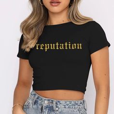 This Reputation crop shirt is black with the design in the color of your choice! Handmade by a fellow fan.

See size chart in the item details below.

Shop our entire Eras Collection here. Rep Taylor Swift, Reputation Concert, Taylor Swift Crop Top, Reputation Taylor Swift, Concert Top, Crop Top Shirt, Teen Top, Taylor Swift Concert, Chart Design