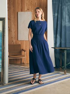 Coast To Coast Midi Dress - Navy | Faherty Brand Spring Smocked Dress For Workwear, Spring Smocked Dress With Smocked Back For Work, Casual Workwear Dress With Smocked Bodice, Casual Ruched Midi Dress For Work, Modest Ruched Midi Dress For Summer, Summer Smocked Midi Dress With Elastic Waistband, Chic Smocked Dress With Elastic Waistband For Daywear, Fitted Midi Dress With Elastic Waistband For Daywear, Fitted Cotton Smocked Dress With Elastic Waistband