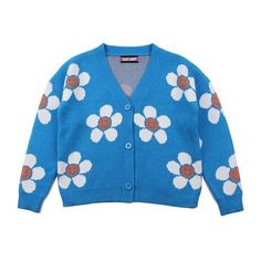 Smiley Sun Flower Blue Knit Sweater Cardigan sold by Tony Moly Store on Storenvy Blue Long Sleeve Cardigan For Spring, Trendy Light Blue Winter Cardigan, Winter Floral Print Long Sleeve Cardigan, Winter Floral Print V-neck Outerwear, Trendy Blue Spring Cardigan, Blue Knit Cardigan For Spring, Light Blue Long Sleeve Cardigan For Spring, Casual Blue Acrylic Outerwear, Cute Blue Spring Sweater