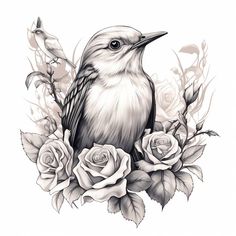 a black and white drawing of a bird surrounded by roses